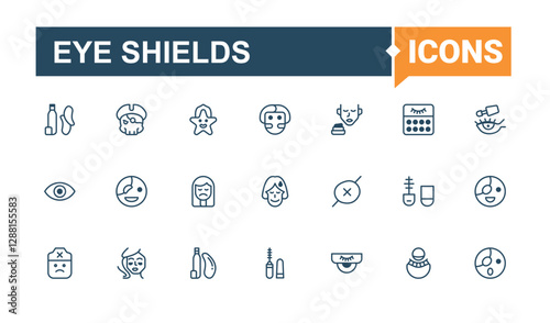 Eye Shields minimal icon set. Contain linear outline icons supplies, sachet, package, care, eye patches, seaweed, patch and more. Set of line pictogram. Solid line editable vector illustration.