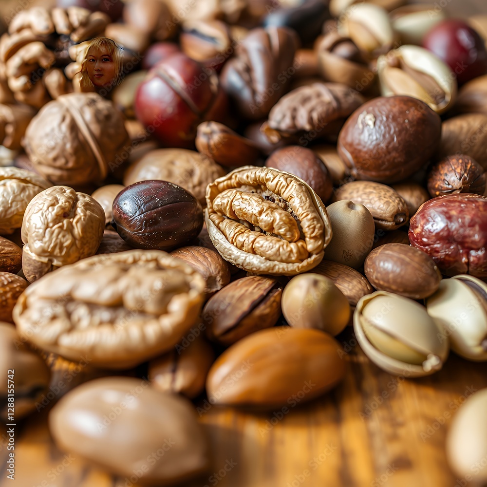 Close-Up of Assorted Nuts on Wooden Surface Close-Up of Assorted Nuts on Wooden Surface
