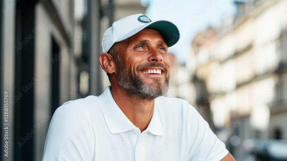 Man in golf hat, smiling at camera in background. Man in golf hat, smiling at camera in background.