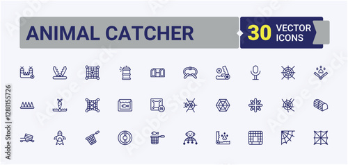 Animal Catcher line icons. Includes thin line rescue, safety, control, bait, catch and more. Outline symbol collection. Solid line editable vector illustration.