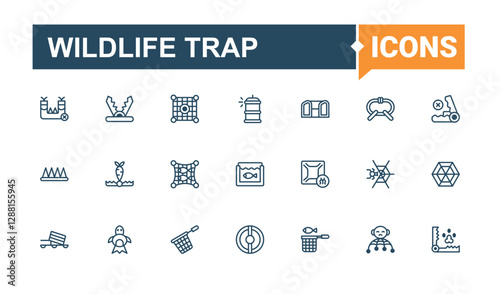 Wildlife Trap trendy minimal icons. Pack of cruel, danger, safety, art, risk, bait, protect and more. Isolated icon. Line editable stroke. Vector line and solid icons.