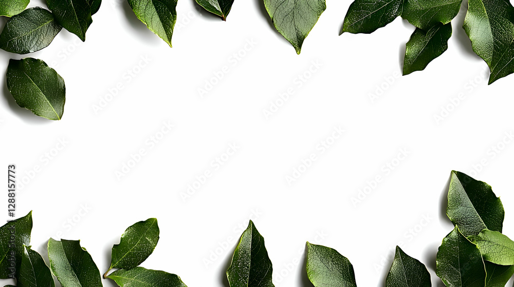 Fototapeta premium Green Leaves Frame on White Background