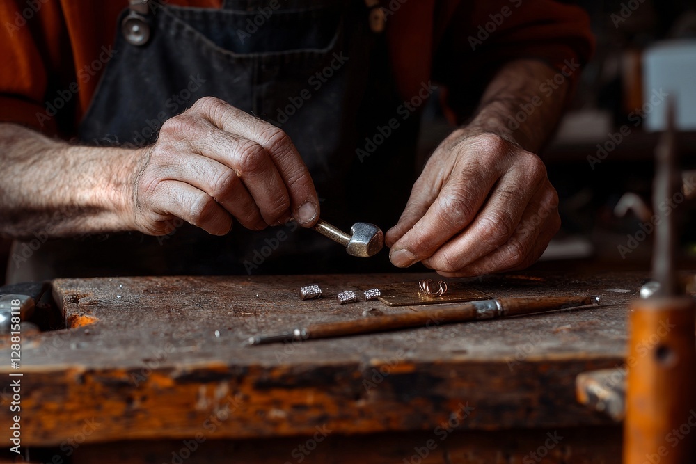 A jeweler is sawing at a gold ring in an authentic jewelry workshop A jeweler is sawing at a gold ring in an authentic jewelry workshop