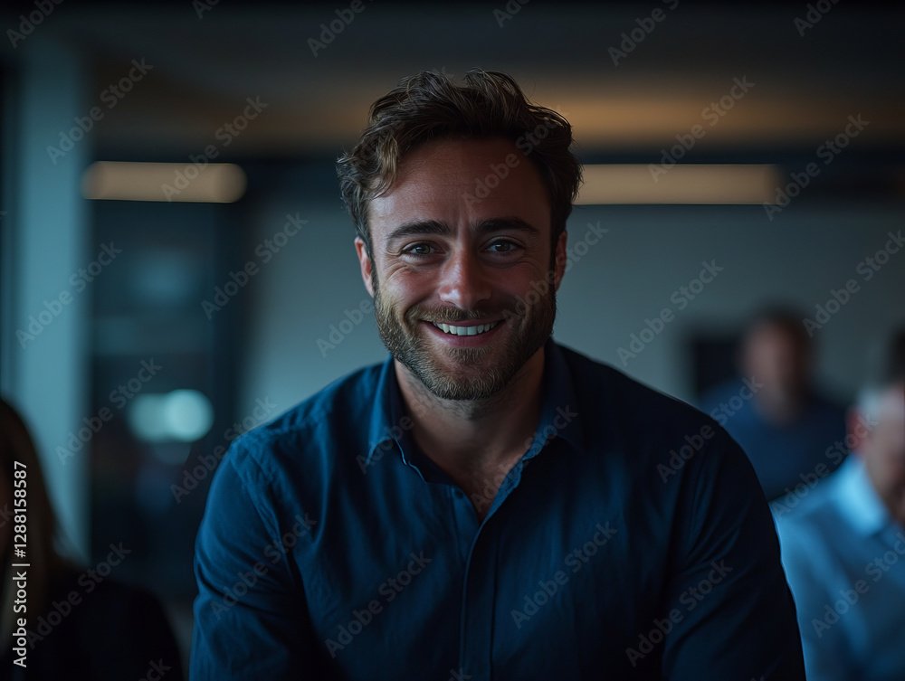 Obraz premium Confident man smiling in professional setting, engaging with audience members