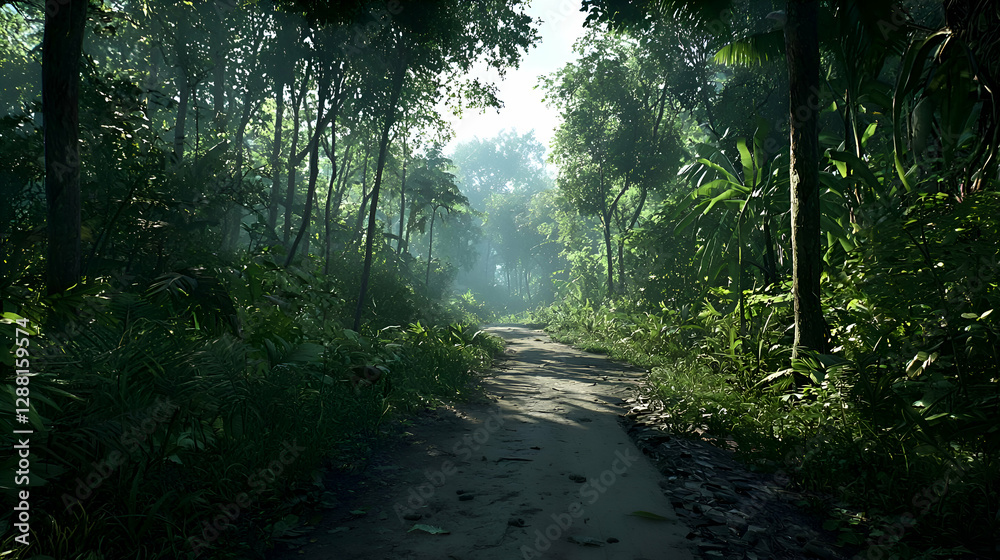 Fototapeta premium Sunlit Path Through Lush Green Forest