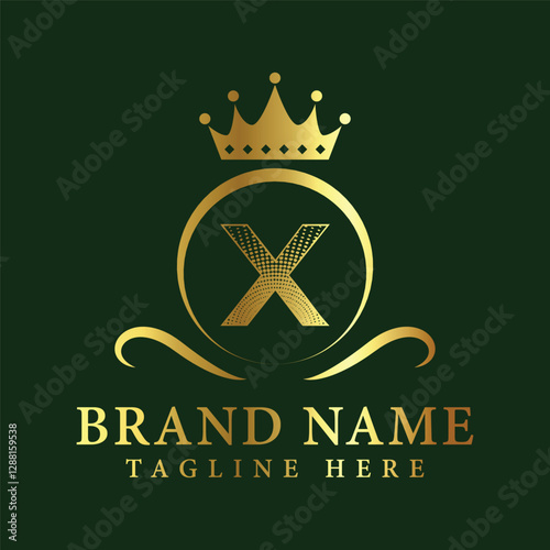 Letter X luxury gold logo concept brand logo design with a royal gold crown emblem and elegant typography