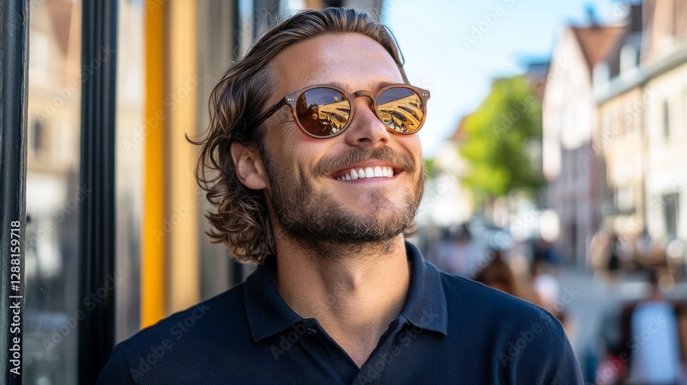 Man in sunglasses with beard wearing dark shirt Man in sunglasses with beard wearing dark shirt