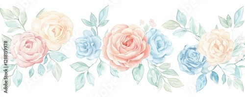 Watercolor design elements of a rose collection, comprising navy blue flowers, leaves, gold branches, and a botanic illustration, are set against a white background