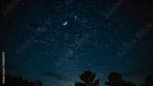 A night sky full of stars and a blue moon