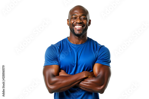 Smiling muscular African American man with short hair, arms crossed, blue t-shirt, isolated on transparent background. Photorealistic studio portrait for fitness, health, and advertising.