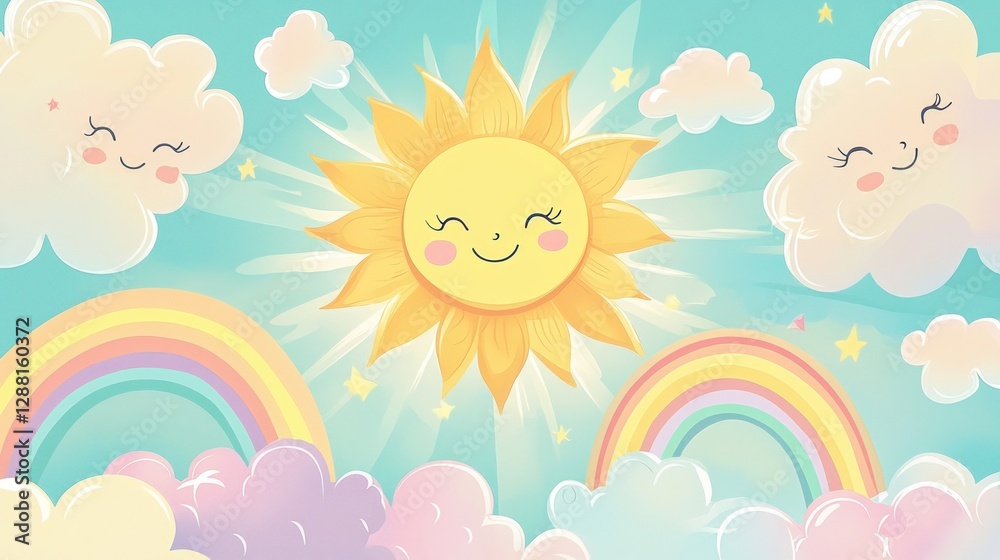 Naklejka premium Cheerful Sunny Day: Rainbow, Clouds, and a Smiling Sun