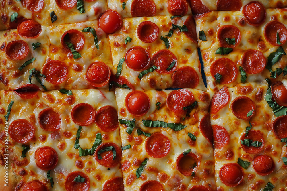 Pieces of Pizza background. View from Above. Generative AI Pieces of Pizza background. View from Above. Generative AI