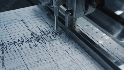 A close-up of a seismograph recording an earthquake with precise lines and data analysis. 4k Video footage