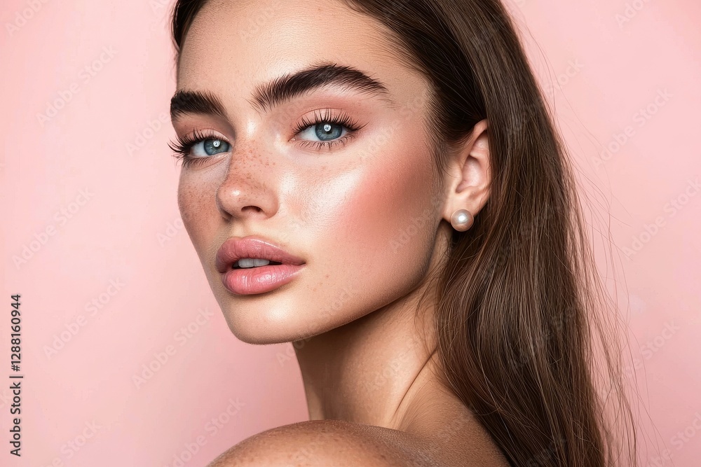 Fototapeta premium Stunning young lady with dark locks and subtle makeup adorned with pearl accessories