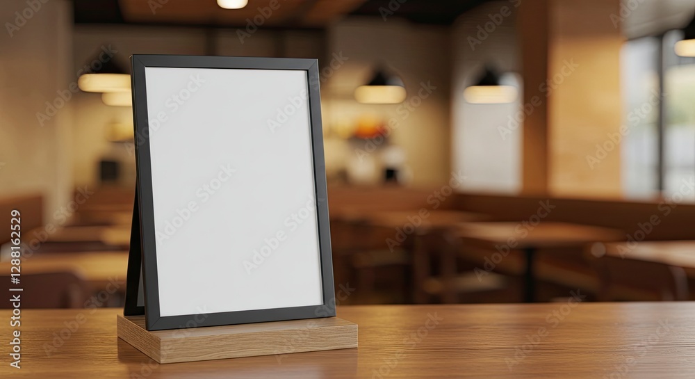 Displaying Menu in Restaurant Setting with Black Frame on Wooden Table Displaying Menu in Restaurant Setting with Black Frame on Wooden Table