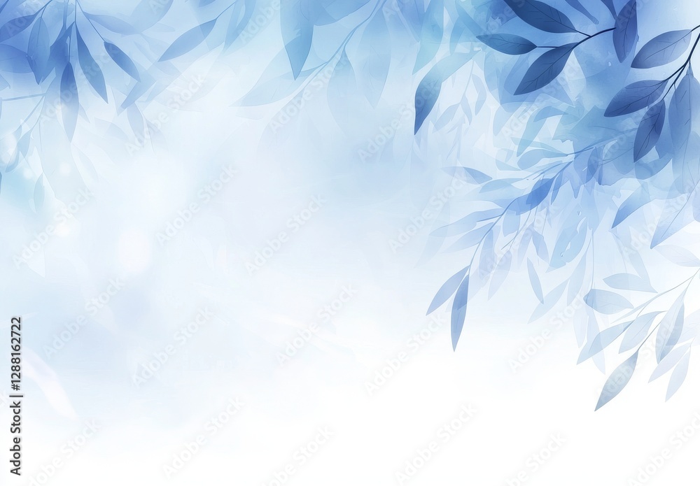 Obraz premium The banner features pale blue leaves in a botanical design with a floral pastel watercolor border frame