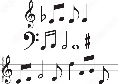Vector musical melody with floating notes on staff lines. Elegant music score illustration for banners, posters, greeting cards, backgrounds, and creative projects