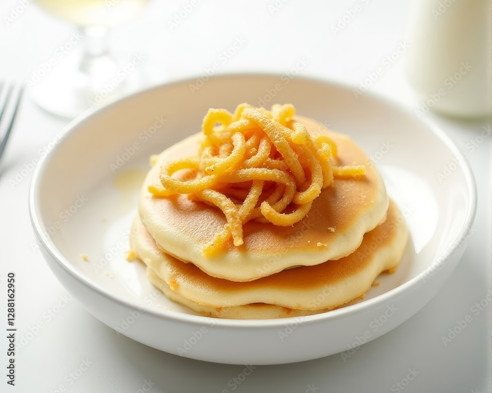 Delicious Fluffy Pancakes Topped with Crispy Fried Noodles - Sweet Breakfast Treat Delicious Fluffy Pancakes Topped with Crispy Fried Noodles - Sweet Breakfast Treat