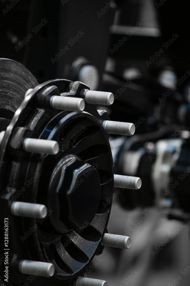 Naklejka premium close up of black wheel axle with many bolts