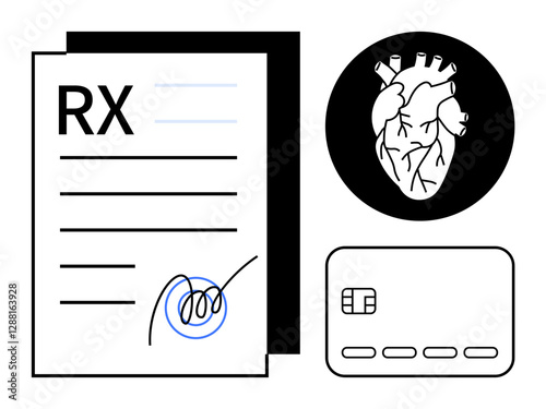 RX prescription with doctors signature, anatomical heart illustration, and a credit card chip. Ideal for medical finance, healthcare payments, cardiology, pharmacy, health insurance, medical billing