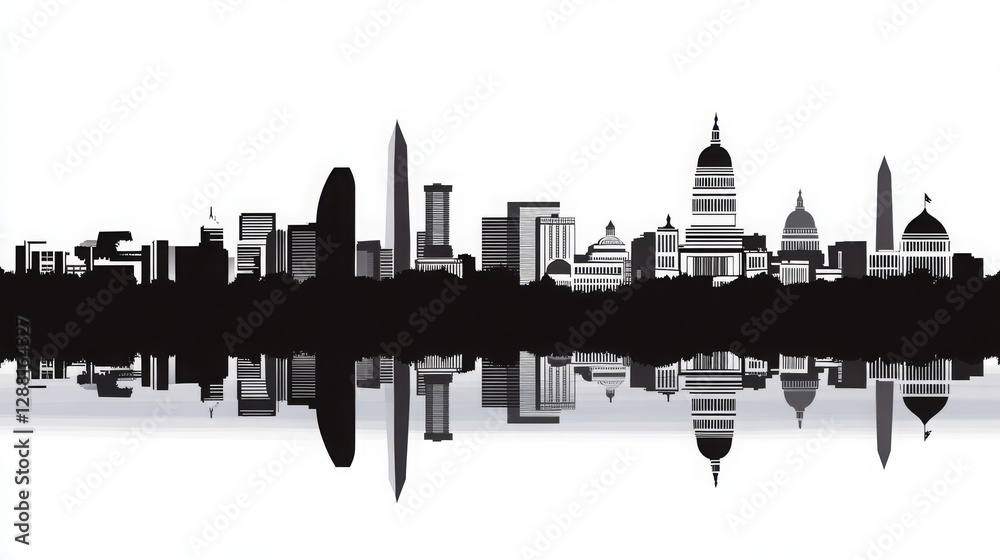 Fototapeta premium Washington DC skyline silhouette with reflection in the water. Urban landscape of the capital city with iconic monuments and buildings, vector illustration of Washington DC's famous landmarks 
