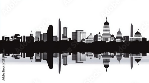 Washington DC skyline silhouette with reflection in the water. Urban landscape of the capital city with iconic monuments and buildings, vector illustration of Washington DC's famous landmarks 