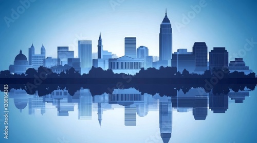 Washington DC skyline silhouette with reflection in the water. Urban landscape of the capital city with iconic monuments and buildings, vector illustration of Washington DC's famous landmarks 