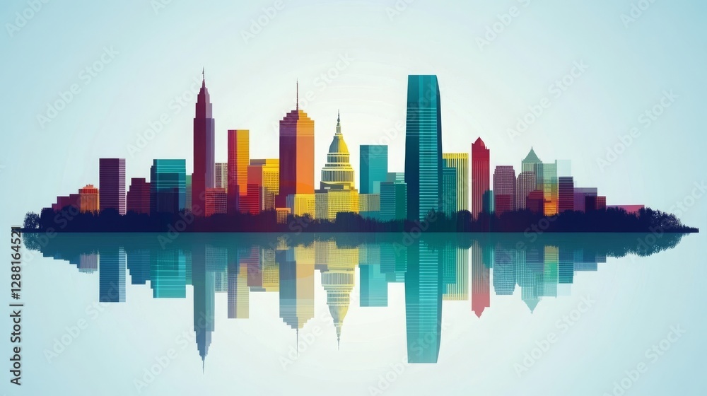 Obraz premium Washington DC skyline silhouette with reflection in the water. Urban landscape of the capital city with iconic monuments and buildings, vector illustration of Washington DC's famous landmarks