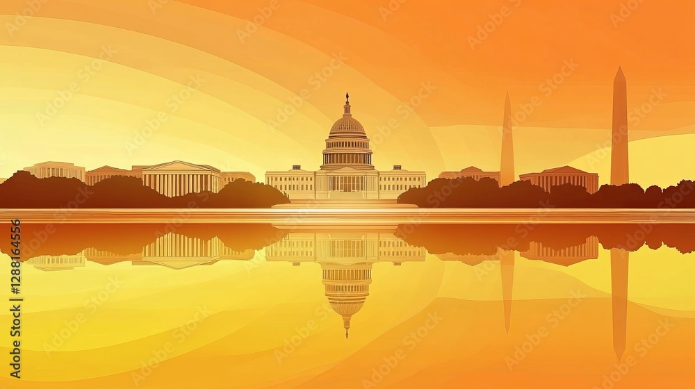 Obraz premium Washington DC skyline silhouette with reflection in the water. Urban landscape of the capital city with iconic monuments and buildings, vector illustration of Washington DC's famous landmarks 