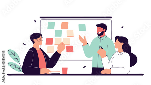 A group of quality managers actively discuss corrective actions after an internal audit. They exchange ideas and write down key points on sticky notes