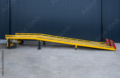 A yellow ramp is on the ground in front of a black wall