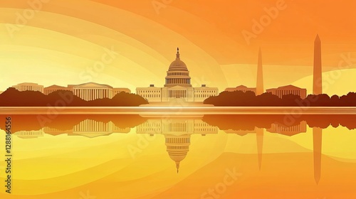 Washington DC skyline silhouette with reflection in the water. Urban landscape of the capital city with iconic monuments and buildings, vector illustration of Washington DC's famous landmarks 