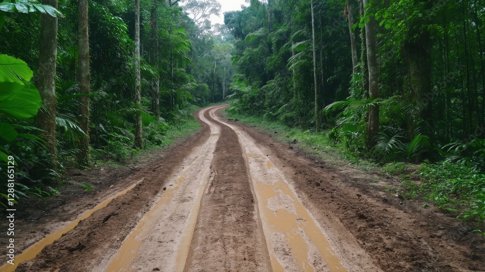 Fototapeta premium dirt road leading through the forest, with green trees on both sides