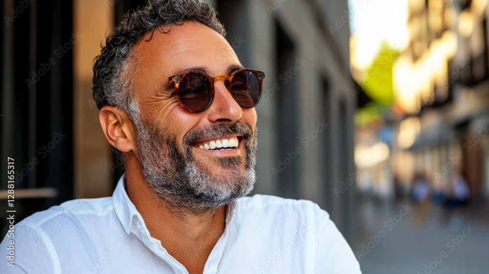 Man smiling in cityscape. Man smiling in cityscape.