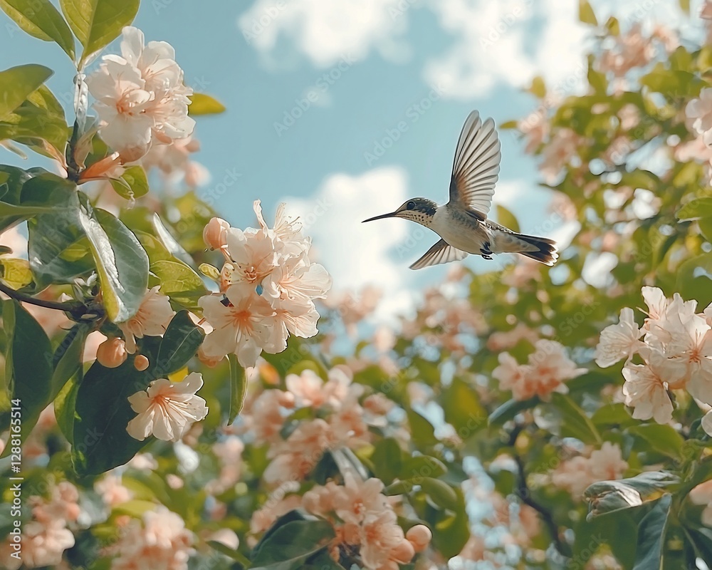 Obraz premium Hummingbird in flight, peach blossoms, spring, garden, nature, background sky, website banner