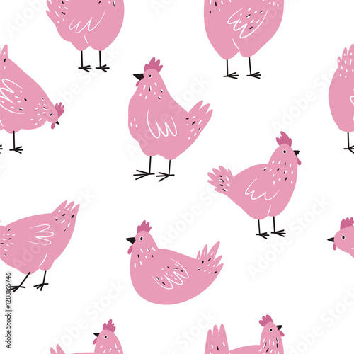 Seamless pattern with funny chickens, cocks for wrapping paper, textile, fabric. Perfect for kitchen prints.