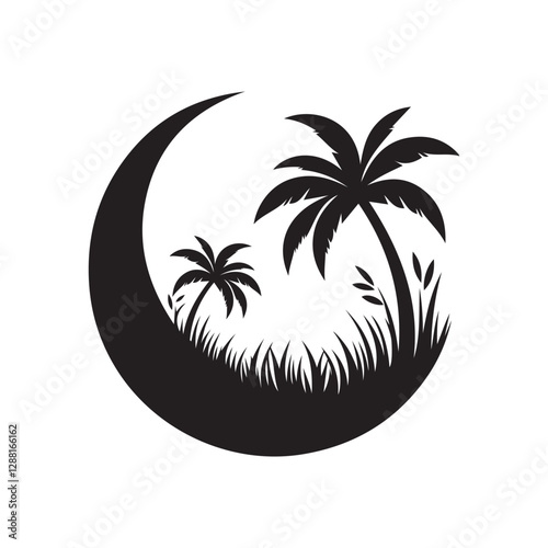 Minimalist Palm Tree with Moon Vector | Tropical Night Illustration