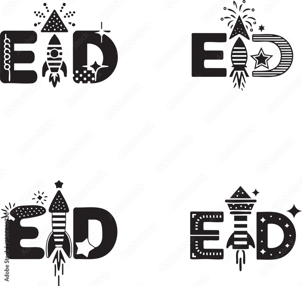 Stylized 'EID' Icon Design Featuring a Firework 'E', Rocket 'I', and Sparkling Star 'D' in Monochrome Black and White Stylized 'EID' Icon Design Featuring a Firework 'E', Rocket 'I', and Sparkling Star 'D' in Monochrome Black and White
