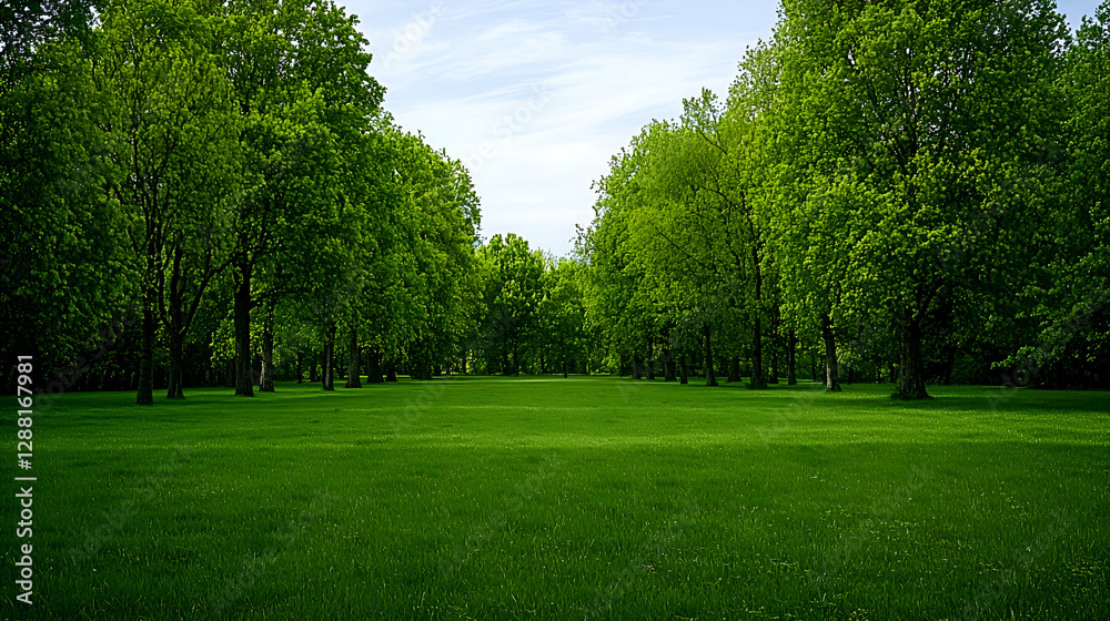 Fototapeta premium Lush Green Trees Line a Sunny Meadow Path