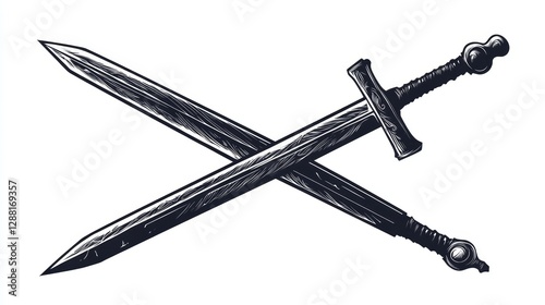 A vector illustration of crossed sharp swords. Two sword weapon logo, silhouette.