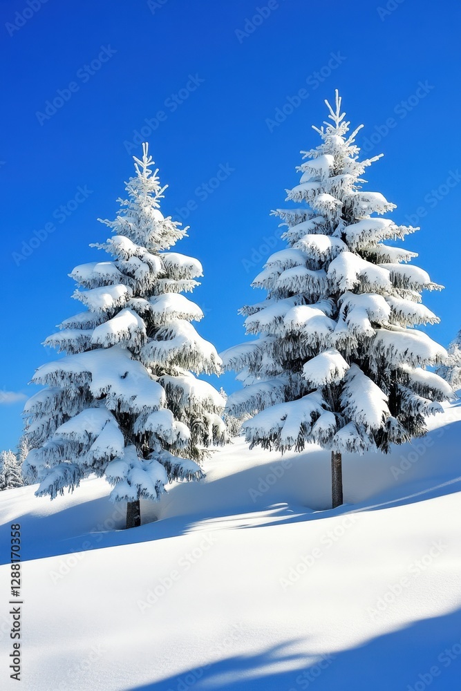 Snow-Covered Pine Trees Under Clear Blue Sky in Winter Landscape Snow-Covered Pine Trees Under Clear Blue Sky in Winter Landscape