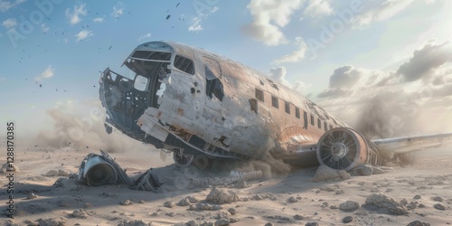 Plane crash, debris on the ground, Generative AI.