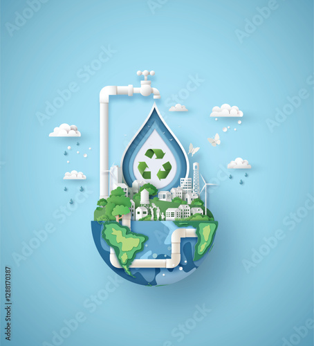 World water day with recycle symbol and earth pipeline, papercut illustration