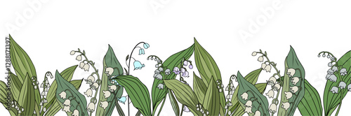 Lily of the Valley May birth month flower border. Gorgeous spring blooming wild flowers nature frame. Modern template, overlay, banner vector colorful illustration isolated