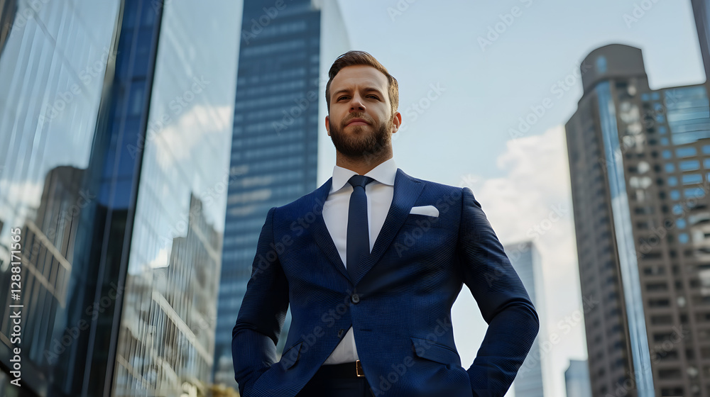 Successful European businessman wearing tailored light blue suit, standing confidently with hands in pockets. Generative AI Successful European businessman wearing tailored light blue suit, standing confidently with hands in pockets. Generative AI
