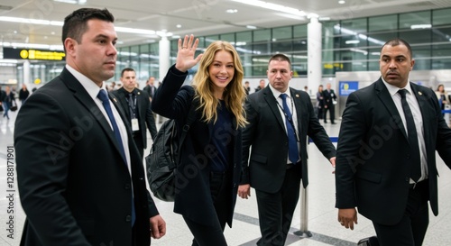 Celebrity waving to fans while being escorted through a busy airport terminal by security personnel - celebrity with bodyguards
