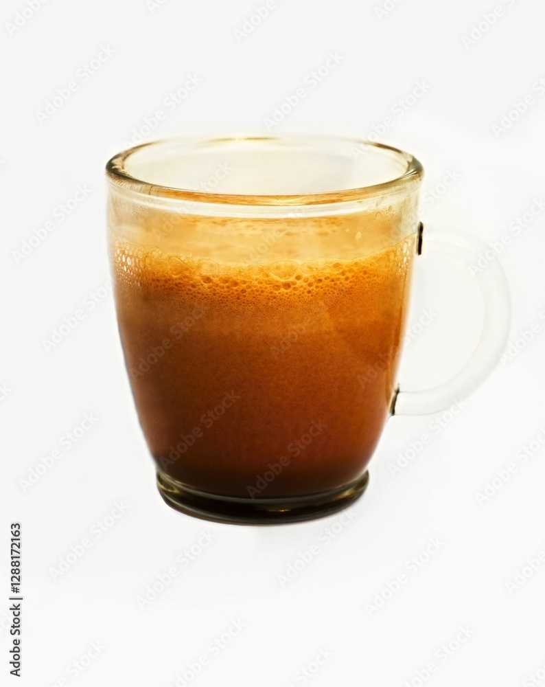 Hot chocolate in glass mug on white background Hot chocolate in glass mug on white background