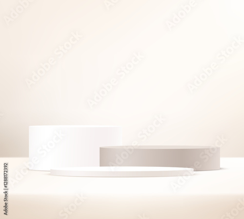 Beige background vector 3d with podium space for selling products, backdrop, wallpaper, background, text. 3D abstract studio room with pedestal podium. Vector illustration.