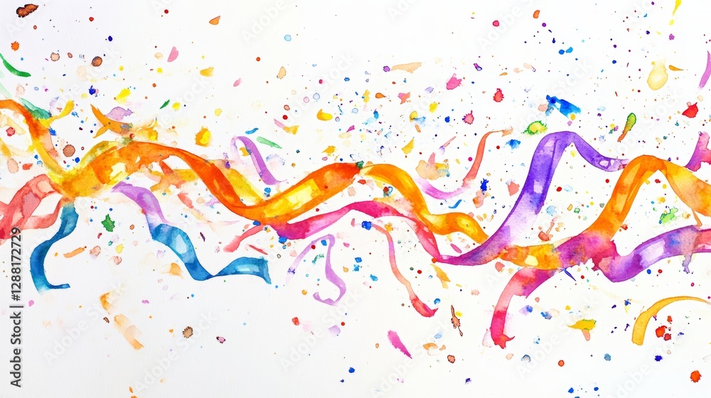 Naklejka premium Colorful Watercolor Streamer Ribbon with Splashing Paint Elements 