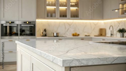 A contemporary kitchen with a minimalist design is presented through an accent on a stylish countertop. Soft lighting highlights the smooth texture of the material.